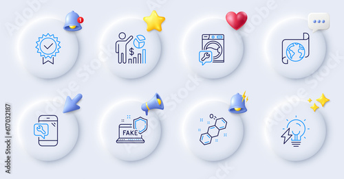 Fake internet, Phone repair and Translation service line icons. Buttons with 3d bell, chat speech, cursor. Pack of Electricity bulb, Seo statistics, Washing machine icon. Vector
