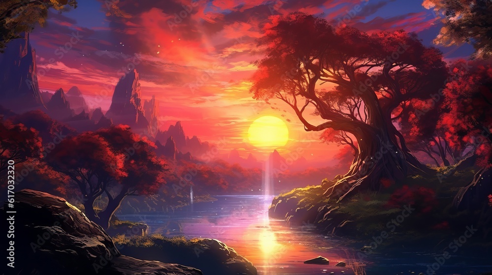 Sunset in the forest - Mystical fantasy anime scenery, sunset scenery, anime scene background wallpaper with beautiful sunset, Generative AI Sunset in the forest - Mystical fantasy anime scenery, sunset scenery, anime scene background wallpaper with beautiful sunset, Generative AI