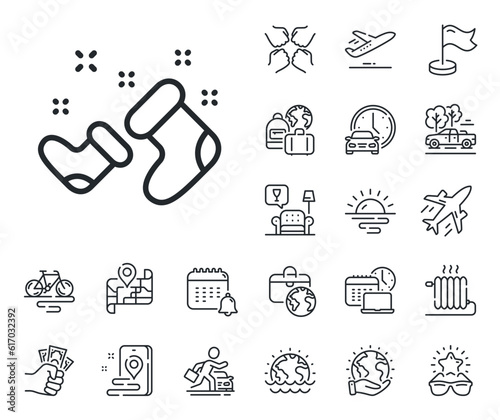 Christmas or New year sign. Plane jet, travel map and baggage claim outline icons. Santa boots line icon. Claus symbol. Santa boots line sign. Car rental, taxi transport icon. Place location. Vector