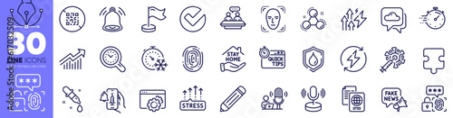 Milestone, Waterproof and Vaccine announcement line icons pack. Fingerprint, Puzzle, Timer web icon. Podcast, Stay home, Seo gear pictogram. Face detection, Pencil, Demand curve. Vector