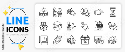 Time hourglass, Corn and Accounting line icons set for app include Inflation, Discount offer, Click hand outline thin icon. Stop shopping, Bribe, Touchscreen gesture pictogram icon. User. Vector