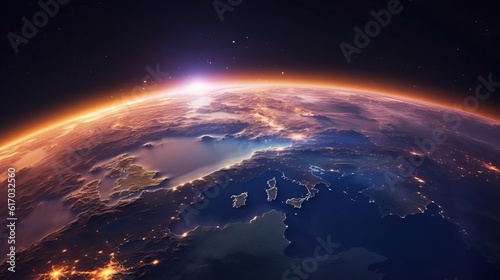 Anime-style planet earth - Europe  discover a captivating and unique perspective - sunrise over the earth  Generative AI
