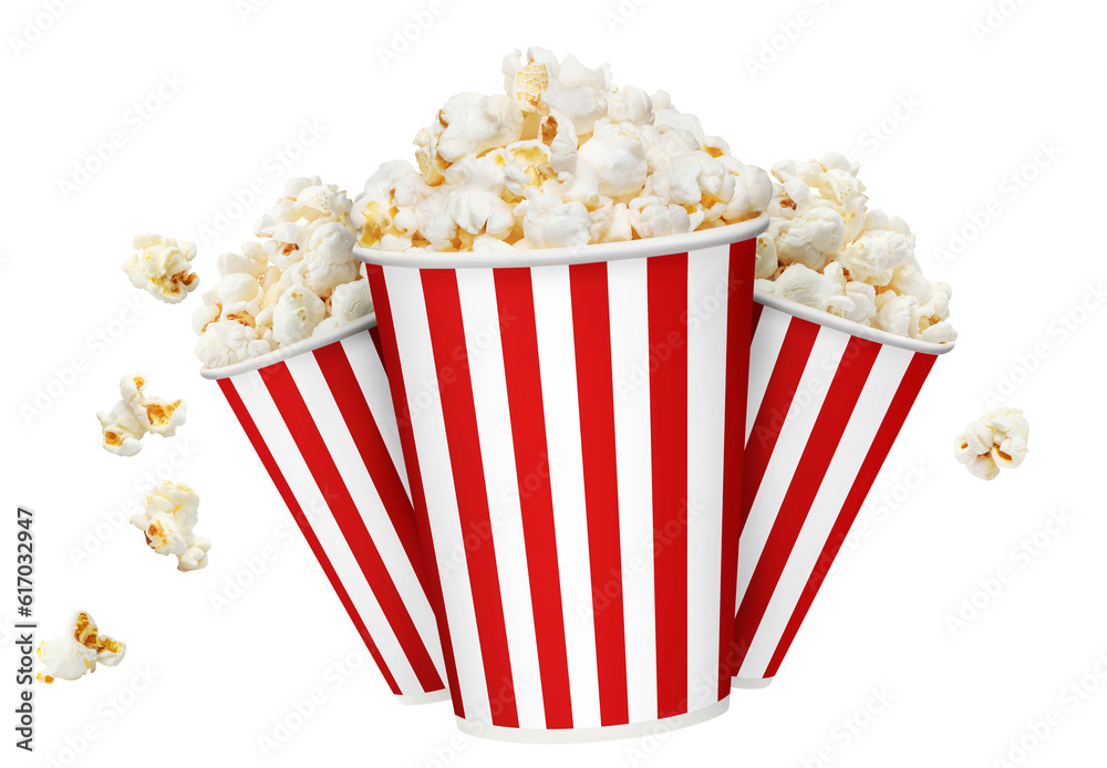 Red striped carton cups with delicious popcorn, cut out Red striped carton cups with delicious popcorn, cut out