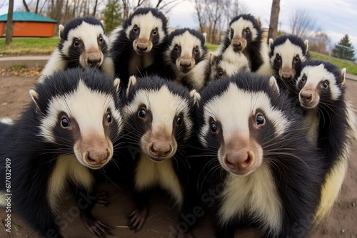 Group of funny Skunk making selfies standing upright and looking attentively at the camera,Generative AI
