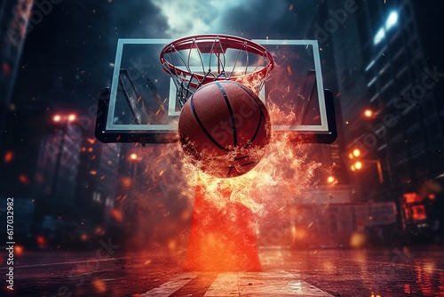 Lose up of ball in the net Scoring the winning points basketball concept,Generative AI photo