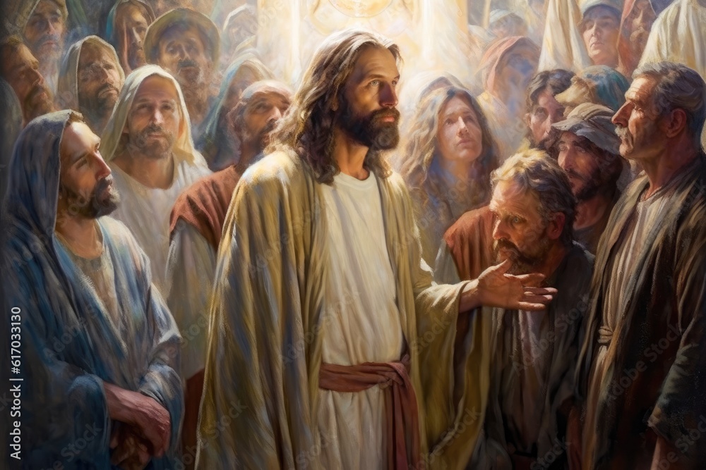 Painting of Jesus together with the disciples and the crowd in prayer to the Father Generative AI Illustration