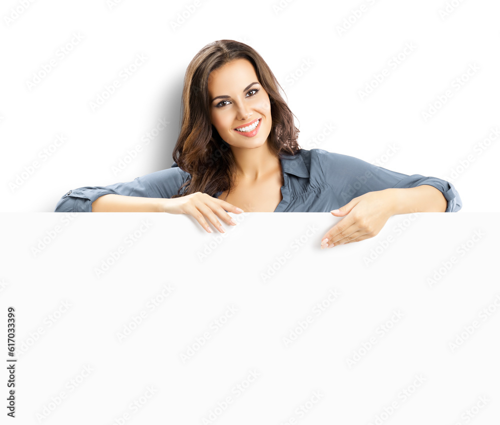 Beautiful woman stand beehind, peep out, hang over blank empty banner with copy space, isolated white background. Executive person, businesswoman, bank manager show ad board advertise concept. Beautiful woman stand beehind, peep out, hang over blank empty banner with copy space, isolated white background. Executive person, businesswoman, bank manager show ad board advertise concept.