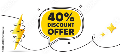 40 percent discount tag. Continuous line art banner. Sale offer price sign. Special offer symbol. Discount speech bubble background. Wrapped 3d energy icon. Vector