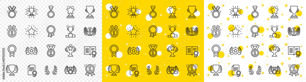 Set of Winner medal, Victory cup and Laurel wreath award icons. Award line icons. Reward, Certificate and Diploma message. Glory shield, Prize winner, rank star, diploma certificate. Vector - obrazy, fototapety, plakaty 