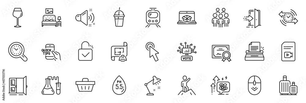 Icons pack as Education, Bordeaux glass and Loud sound line icons for app include Table lamp, Shopping basket, Lock outline thin icon web set. Train, Cursor, Time management pictogram. Vector
