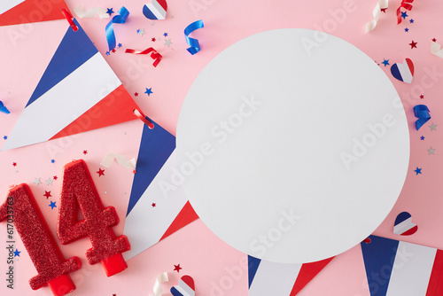 Party concept for celebrating French Bastille Day. Top view arrangement of french flag garlands, red number 14 candle, hearts, glitter on pastel pink background with blank circle for ads or text