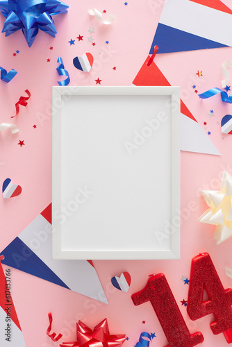 Bastille Day observance concept. Top view vertical arrangement of french flag garlands, red number 14 candle, hearts, stars, bows, confetti on pastel pink background with frame for ads or text