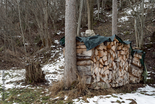 A supply of tree trunks have been stacked and is located on the side of the path and is with a tarpaulin
