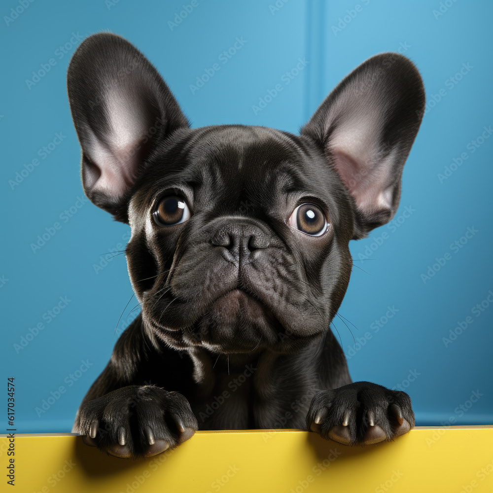 French Bulldog on a Blue and Yellow Background-Generative AI