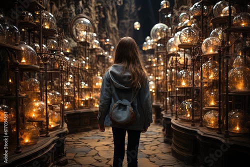 Magical Wonders: Enter a whimsical emporium where shelves are adorned with enchanting items like spellbooks, mystical crystals, and fairy wings illustration generative ai