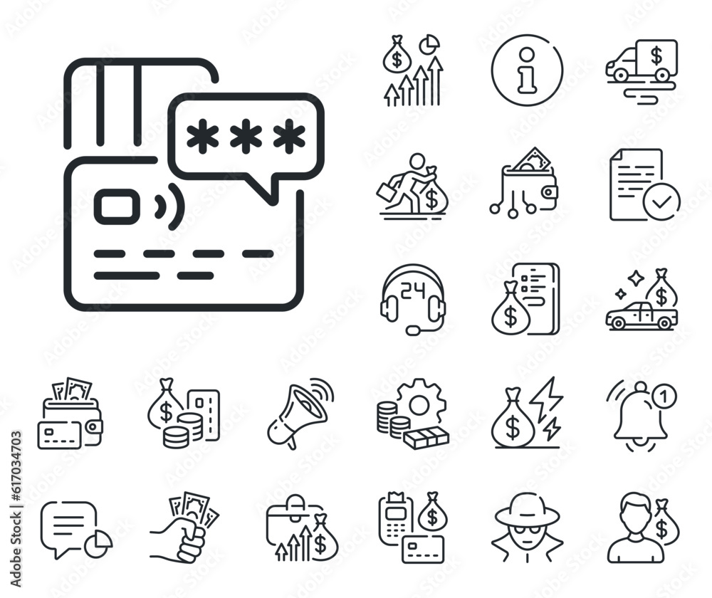 Bank money payment sign. Cash money, loan and mortgage outline icons. Credit card line icon. Password protection symbol. Card line sign. Credit card, crypto wallet icon. Inflation, job salary. Vector Bank money payment sign. Cash money, loan and mortgage outline icons. Credit card line icon. Password protection symbol. Card line sign. Credit card, crypto wallet icon. Inflation, job salary. Vector