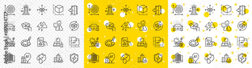 Outline Diesel station, Package size and Building energy line icons pack for web with Enterprise, Warning, Parcel delivery line icon. Palette, Lightning bolt, Power safety pictogram icon. Vector