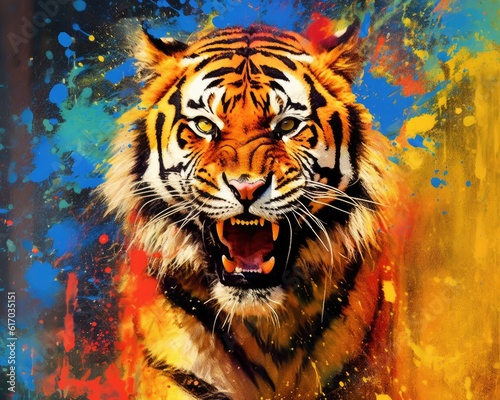 tiger  form and spirit through an abstract lens. dynamic and expressive tiger print by using bold brushstrokes  splatters  and drips of paint.  tiger raw power and untamed energy 