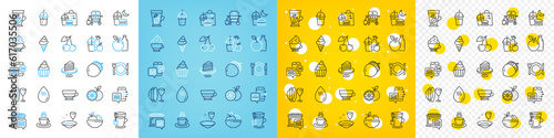 Vector icons set of Tea cup, Orange and Hot water line icons pack for web with Juice, Food delivery, Cake outline icon. Mint leaves, Acorn, Cupcake pictogram. Ice cream, Dish plate. Vector