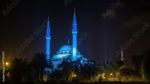 Mosque and minaret with modern blue led lights