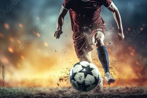 Soccer player with ball, The focus should be on the player's foot and the ball, with motion blur in the background,Generative AI