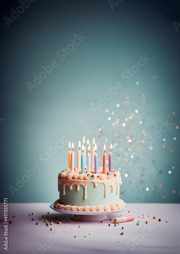 Birthday colorful cake decorated with sweets, Birthday cake with candles