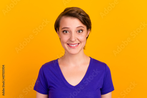 Photo of nice lady short bob hairstyle wear casual outfit isolated yellow color background