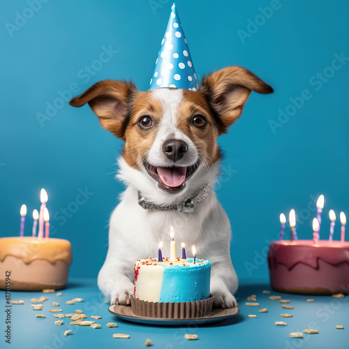 Happy Dog with Birthday Cap, Celebrating Birthday, Blue Background photo