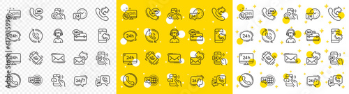 Set of Callback or feedback, Call support and Chat message icons. Processing line icons. 24 hour service, Call centre, 24h. Telephone callback, support message, feedback phone center. Vector