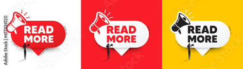 Read More tag. Speech bubble with megaphone and woman silhouette. Navigation sign. Get description info symbol. Read more chat speech message. Woman with megaphone. Vector