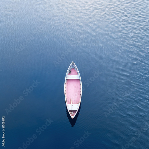 Pink Boat on the Sea: Aerial Minimal Composition. Ai Generated.