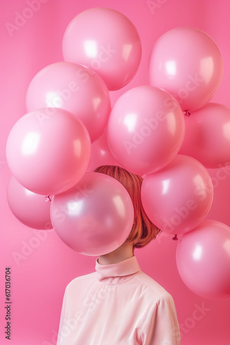 Mystical Aura: Woman's Portrait Concealed by Pink Balloons on a Pink Background. AI generated