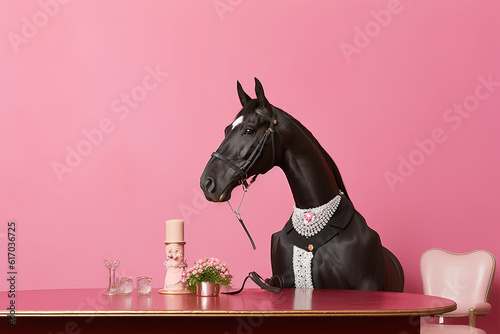 Regal Elegance: Horse in a Tuxedo at the Pink Table. AI Generated.