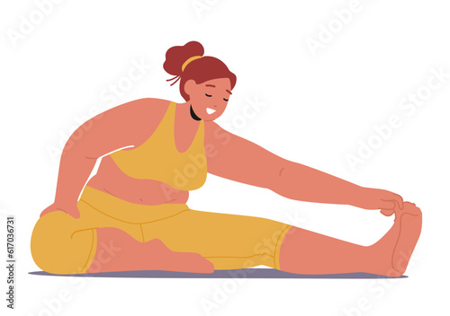 Chubby Woman Practices Yoga, Oversize Female Character Embracing Her Body Strength And Flexibility, Breaking Stereotypes