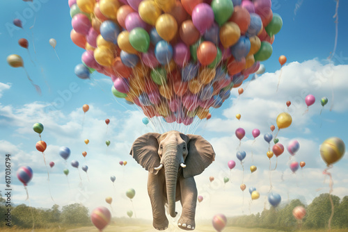 Elevating Joy: Elephant with a Colorful Balloon Bouquet. AI generated.