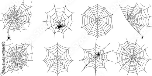 Set of scary black spider web isolated on white. Spooky halloween decoration. Outline cobweb.
