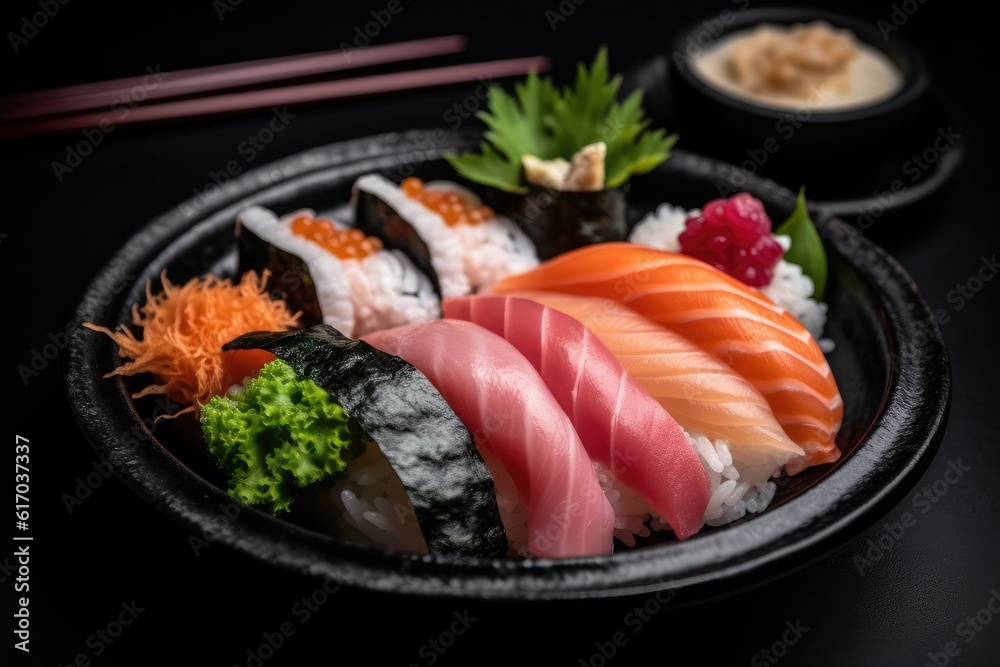 Sushi set. Rolls with salmon, eel and red caviar on a wooden plate. Restaurant. Sushi set. Rolls with salmon, eel and red caviar on a wooden plate. Restaurant.