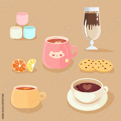 a cozy set of warm drinks