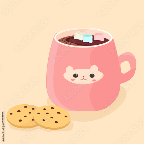 Pink mug with coffee and marshmallows