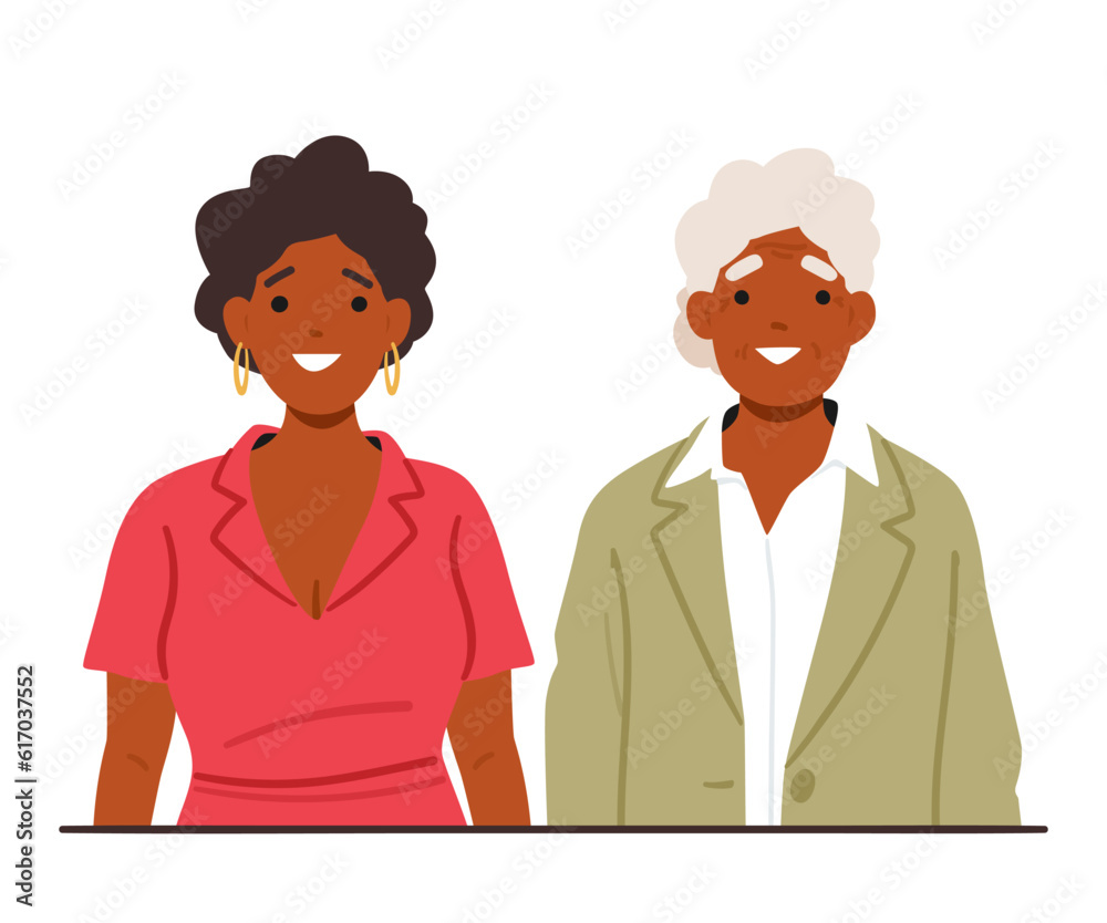 Intergenerational Solidarity Portrayed As A Young And Old Woman Characters Standing Side By Side, Vector Illustration Intergenerational Solidarity Portrayed As A Young And Old Woman Characters Standing Side By Side, Vector Illustration
