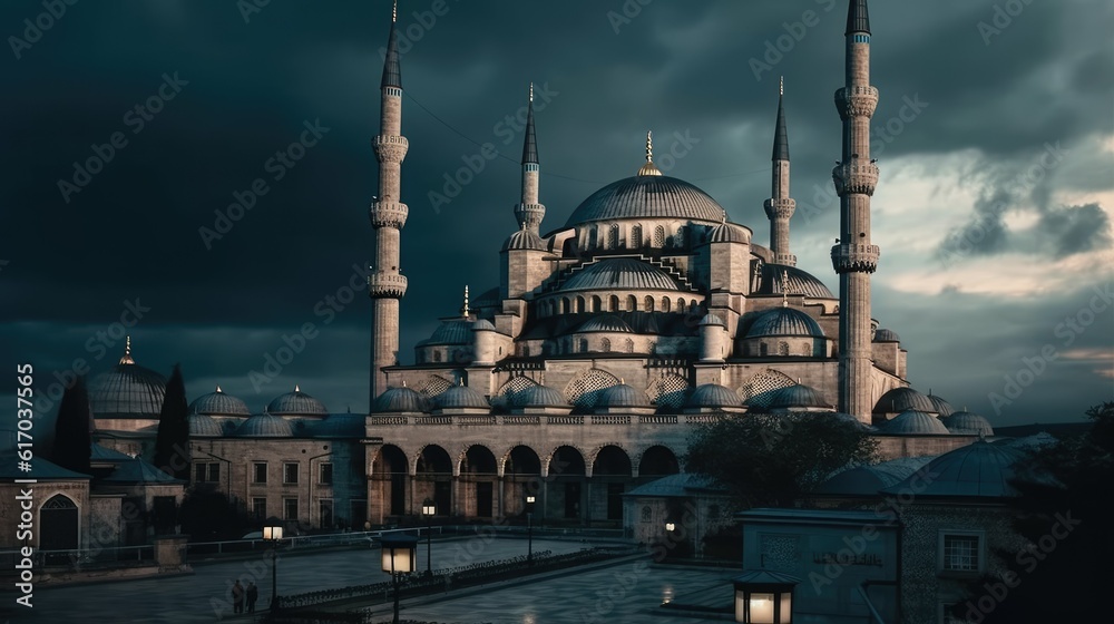 Fototapeta premium Beautiful mosque building with dark background