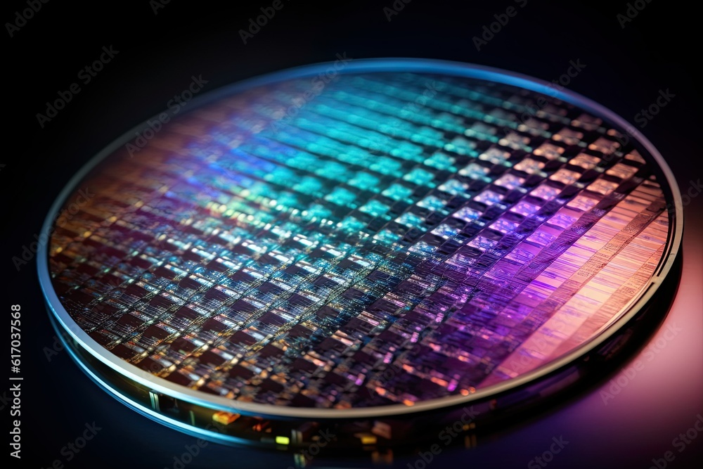 Closeup shot of silicon microchip wafers, US CHINA microchip semiconductor war, Generative AI	
 - obrazy, fototapety, plakaty 