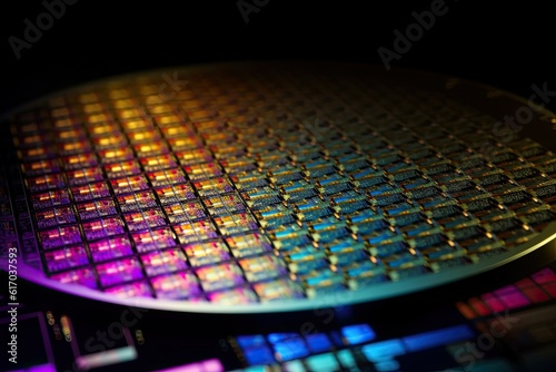 Closeup shot of silicon microchip wafers, US CHINA microchip semiconductor war, Generative AI	
