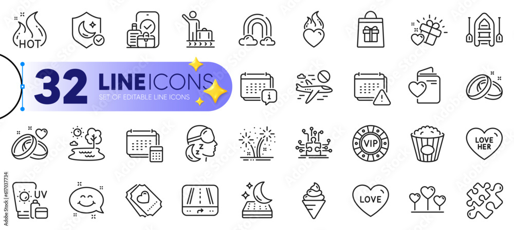 Outline set of Luggage belt, Gps and Mattress line icons for web with Insomnia, Love heart, Popcorn thin icon. Calendar, Smile chat, Wedding rings pictogram icon. Sunscreen, Guard. Vector
