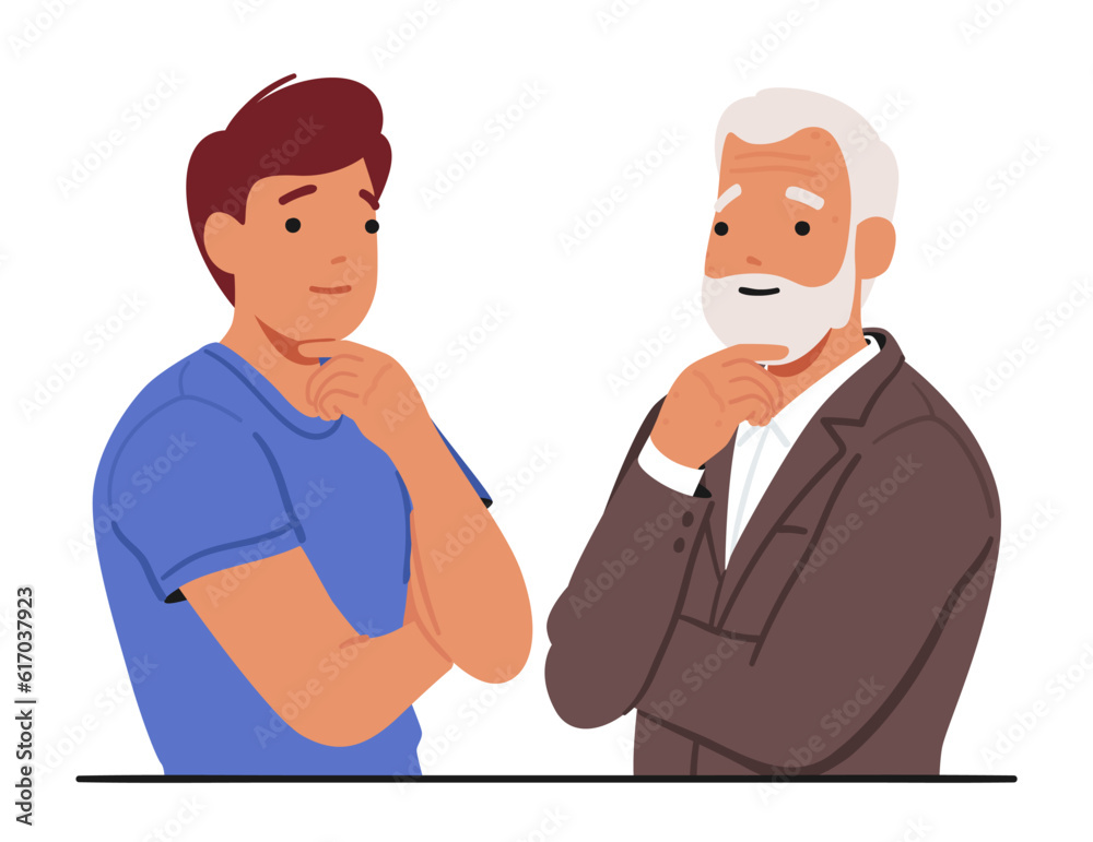 Poignant Moment Where A Young And Old Man Characters Stand Face to Face, Deep In Thought, Touching Their Chins Poignant Moment Where A Young And Old Man Characters Stand Face to Face, Deep In Thought, Touching Their Chins