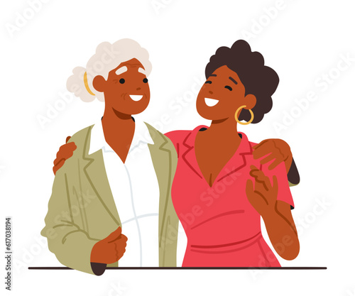Bond Of Generations Concept, Young And Old Woman Characters Stand United In An Embrace, Reflecting Love, Wisdom