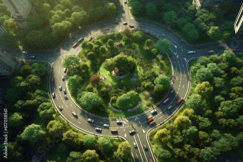 Areal drone view of a suburban roundabout in summer