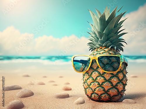 Pineapple in sunglasses and on the sea beach, close-up. Generative AI