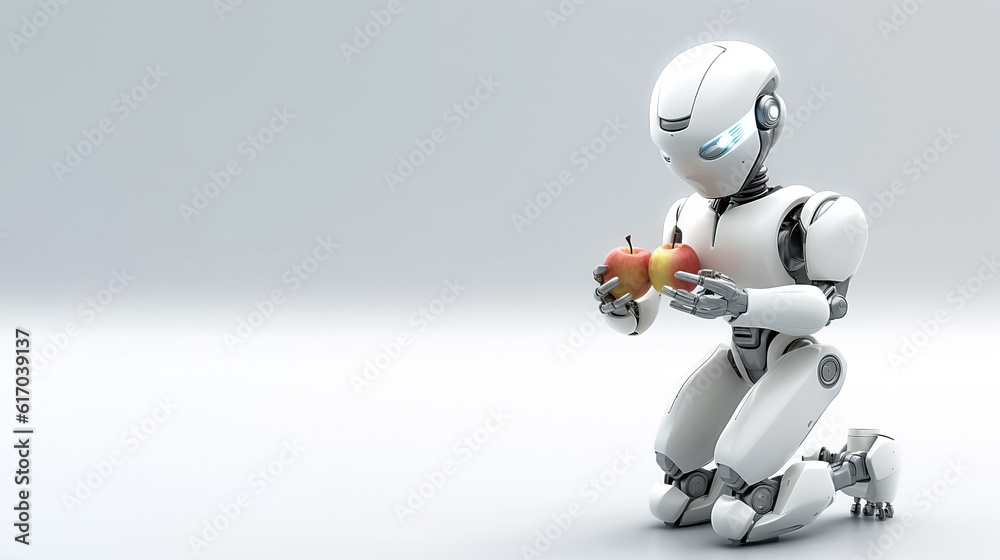 Fototapeta premium Robot eating apples o nsolid white background, generative AI