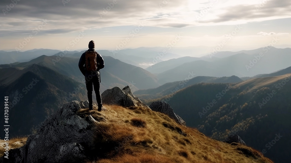 Obraz premium hiker at the summit of a mountain overlooking stunning scenery